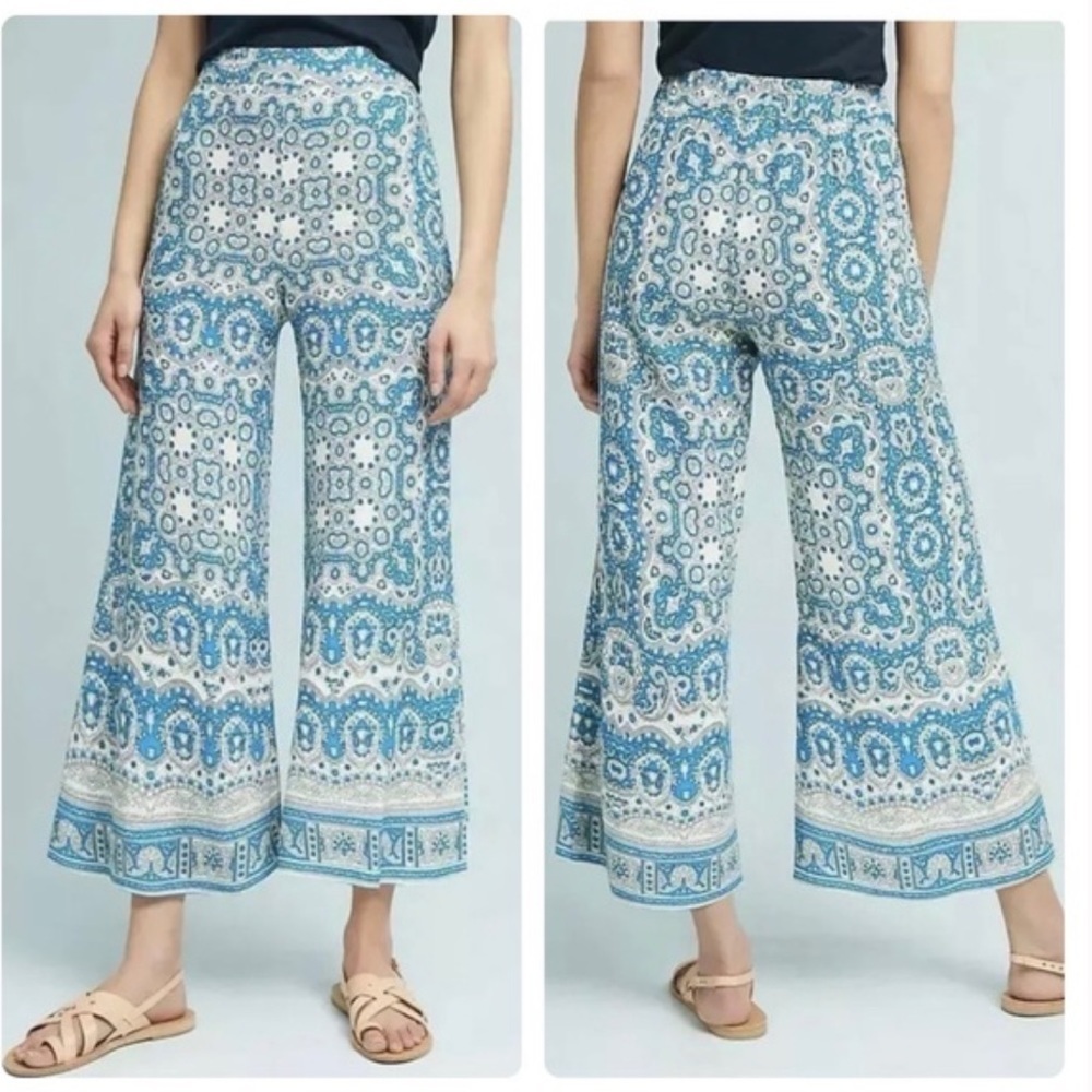 Nwt Anthropologie Size 12 Feather Bone Blue And White Paisley Crop Pants $118